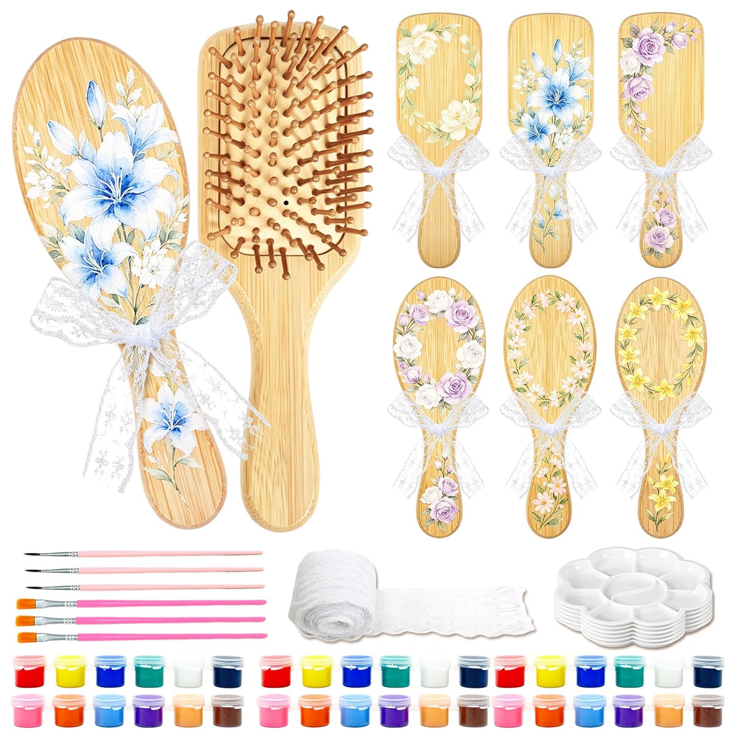 DIY Bamboo Hair Brush, 26 Hair Brushes, DIY Hair Brush for Painting, with 6 Hair Combs, 6 Brushes, 6 Pigments, 6 Palettes, Lace Ribbon for DIY Gift, Wedding Gift