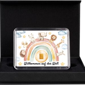 Goldstücke24 Gold Gift for Birth Baby - Gold Bar or Krugerrand Gold Coin - Motif Box "Welcome to the World" in Gift Box with Ribbon & Greeting Card (0.5 g Gold Bar)