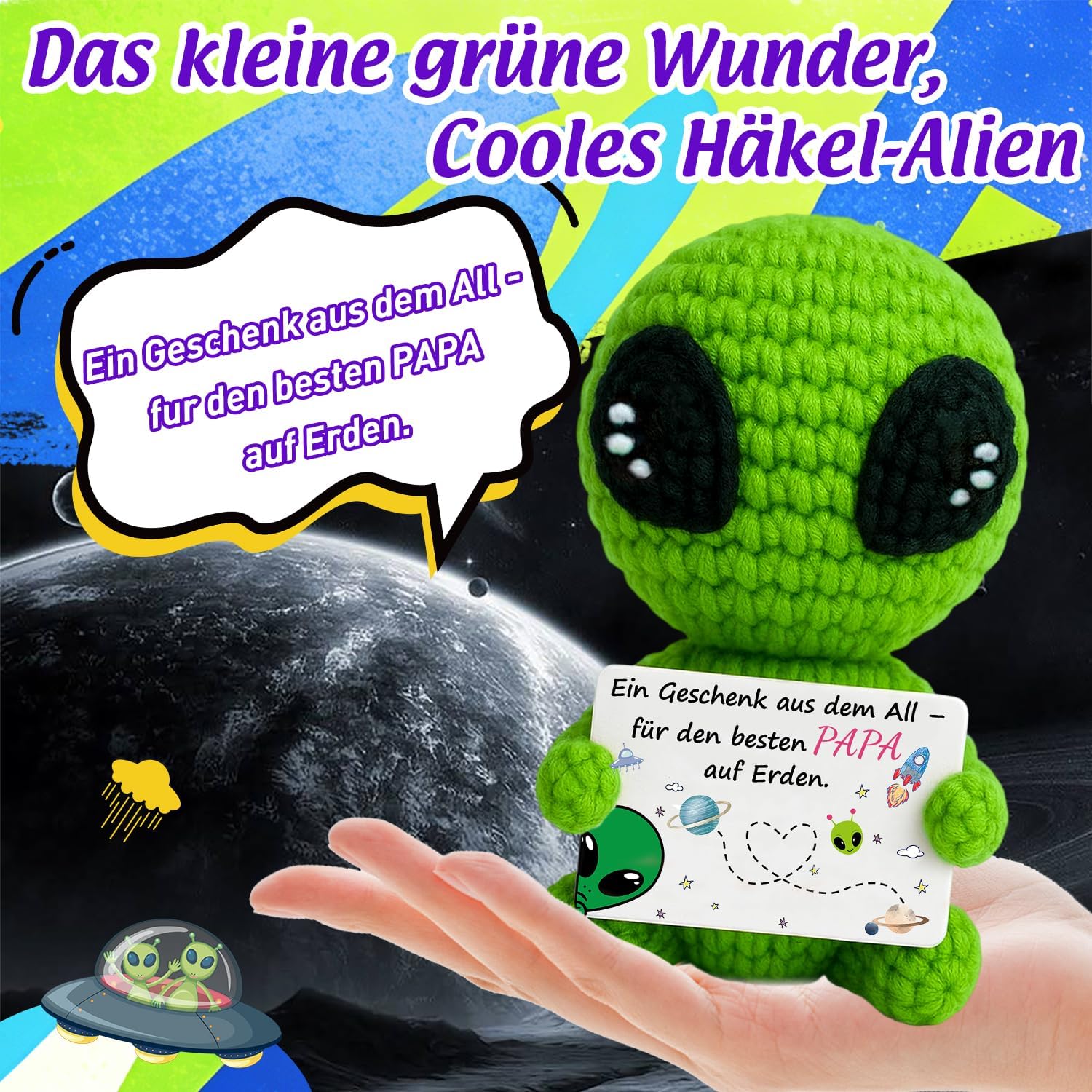 Original Dad Gift & Birthday Gift for Dad from Space, Hand Crocheted Green Alien Plush with Card "Besten Papa auf Erden", Funny Father's Day Gift, Cute & Unique – Bild 2