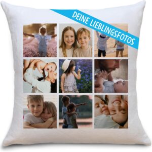OWLBOOK Personalised Cushion with Photo Print – Design Your Own Photo Cushion with 9 Photos – Gifts for Christmas Photo Cushion 40 x 40 cm White + Filling