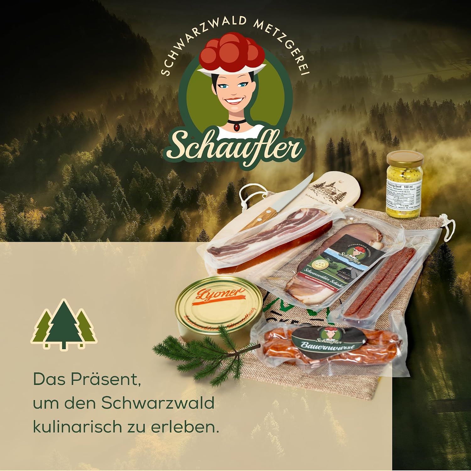 Black Forest Butcher's Board Rustic in Jute Bag Gift Idea Gift Basket with Farmer Sausages, Country Hunter, Mustard 8-Piece Set – Bild 7