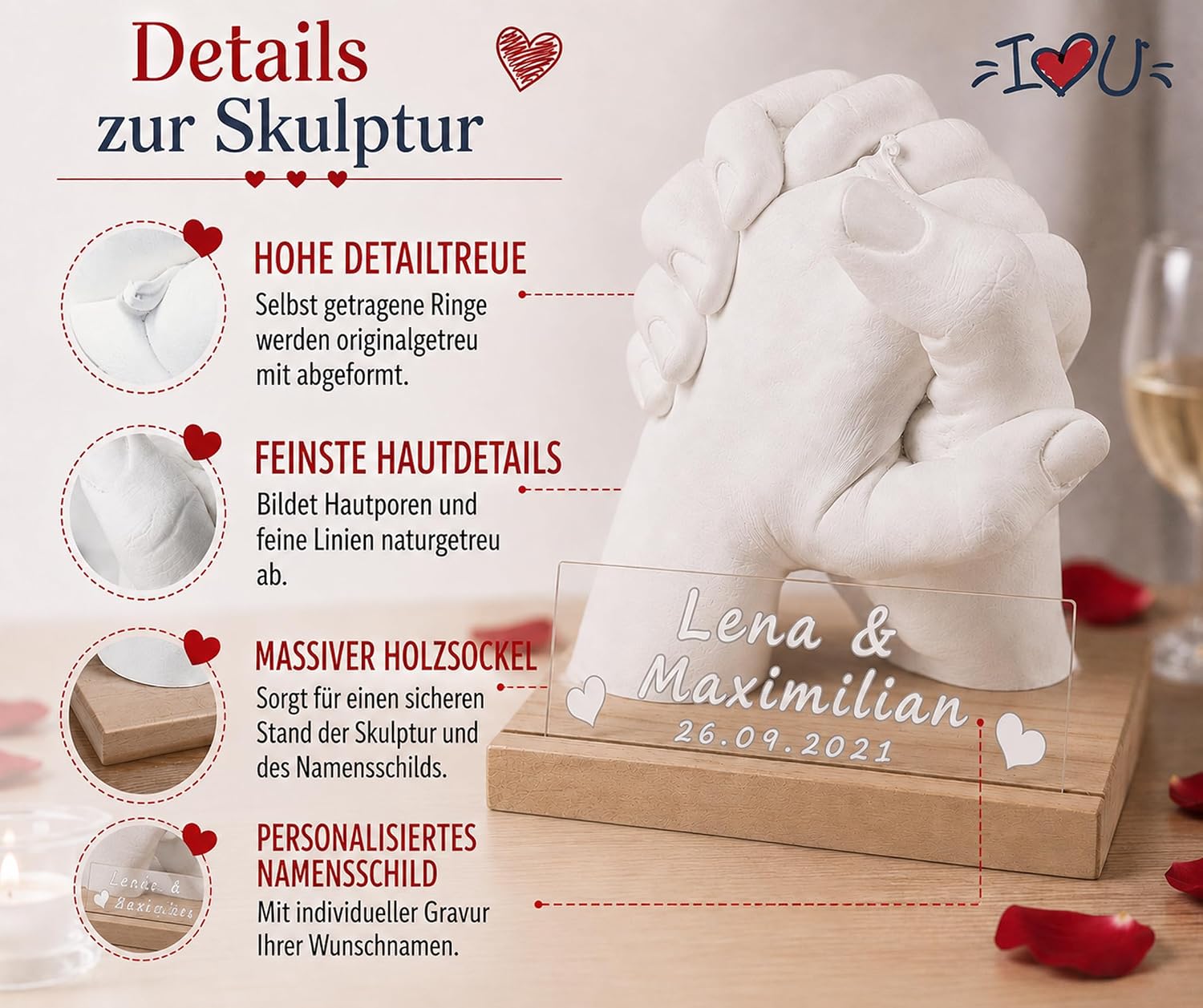 Lalfof Handprint Set for Couples with Name, Anniversary Gift for Her, Anniversary Gift for Him, Plaster Handprint Set Couples, Wedding Gift, Partner Gifts, Personalised Gifts – Bild 7