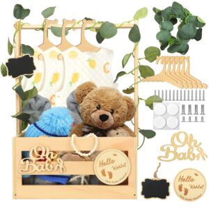 Baby Shower Gift with Wood, Baby Basket with 6 Wooden Hangers and Decorative Sheets, Gift Basket Baby Basket Gift with Wooden Sign, Baby Shower Party Gift for New Parents