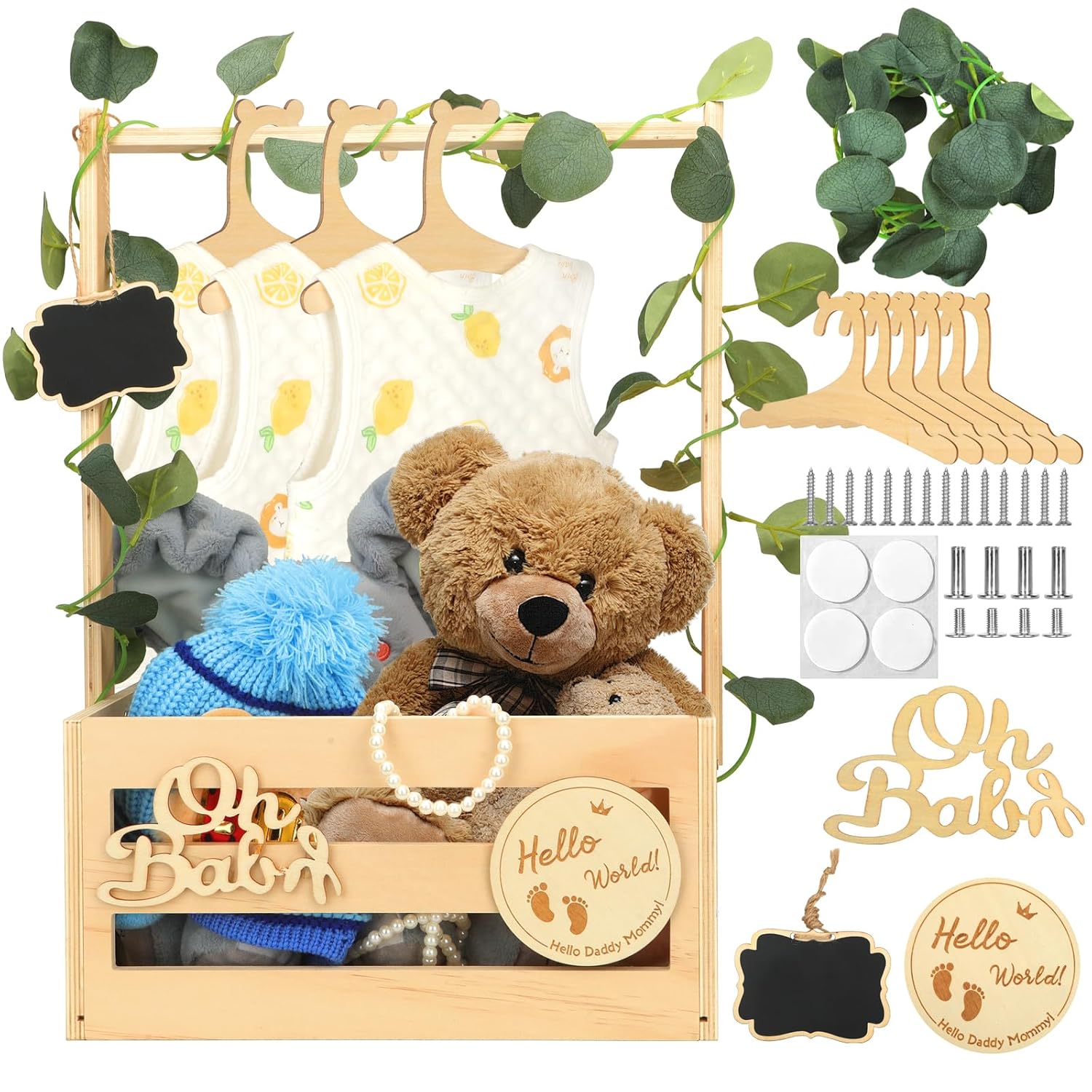 Baby Shower Gift with Wood, Baby Basket with 6 Wooden Hangers and Decorative Sheets, Gift Basket Baby Basket Gift with Wooden Sign, Baby Shower Party Gift for New Parents