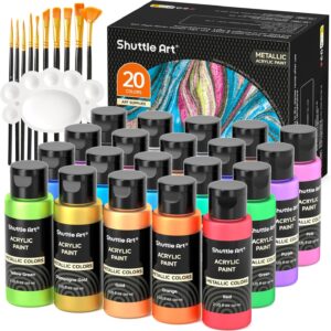 Shuttle Art 20 x 60 ml Metallic Acrylic Paint Set with 10 Brush Set and 1