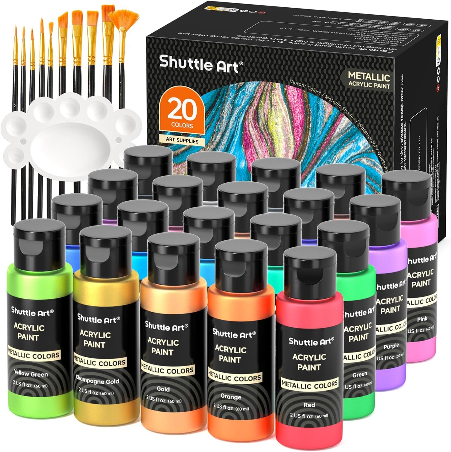 Shuttle Art 20 x 60 ml Metallic Acrylic Paint Set with 10 Brush Set and 1