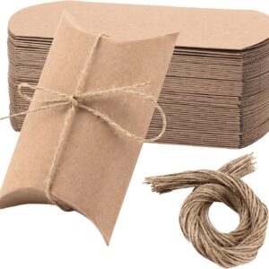 ZEONHAK Pack of 150 Kraft Pillow Candy Box 13 x 8.8 cm Pillow Box with 150 Pieces Jute Cords, Pillow Gift Boxes for Anniversary, Birthday