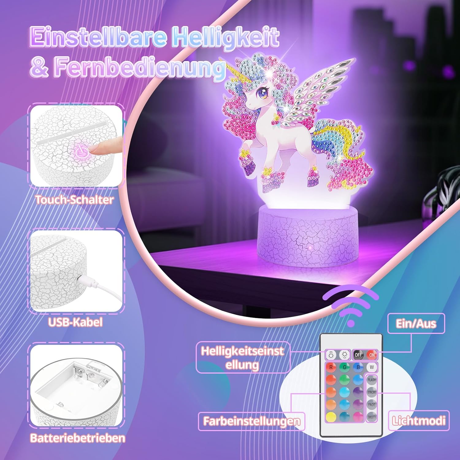 Unicorn Gift for Girls 5-10 Years: Diamond Painting Night Light Children – Bild 3
