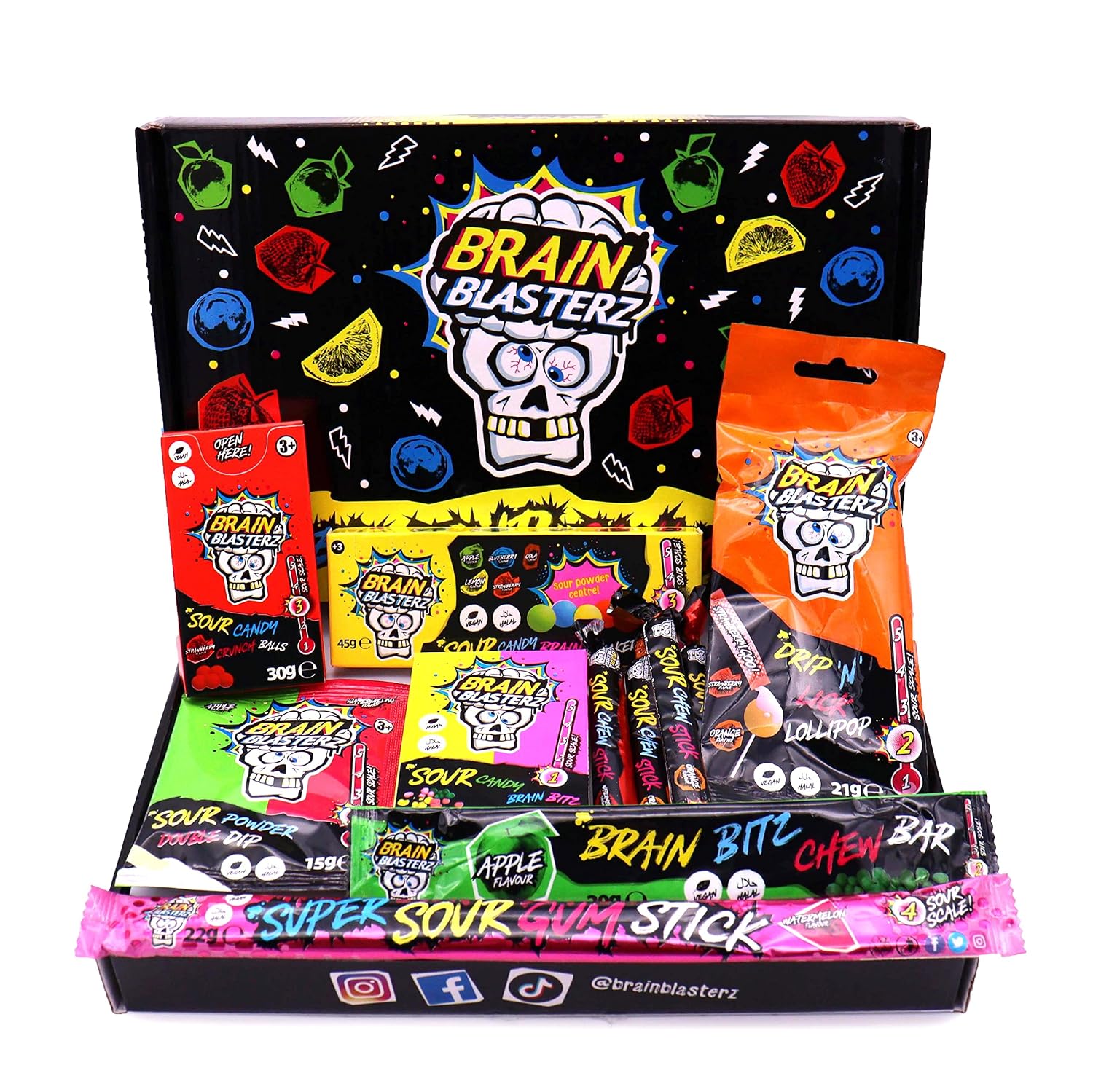 Brain Blasterz Sour Candy Small Gift Box, Brain Breakerz, Chew Bar, Lollipops, Sour Gum, Apple, Strawberry, Watermelon, Cola, Lemon, Orange, Halloween Candy – Bild 2