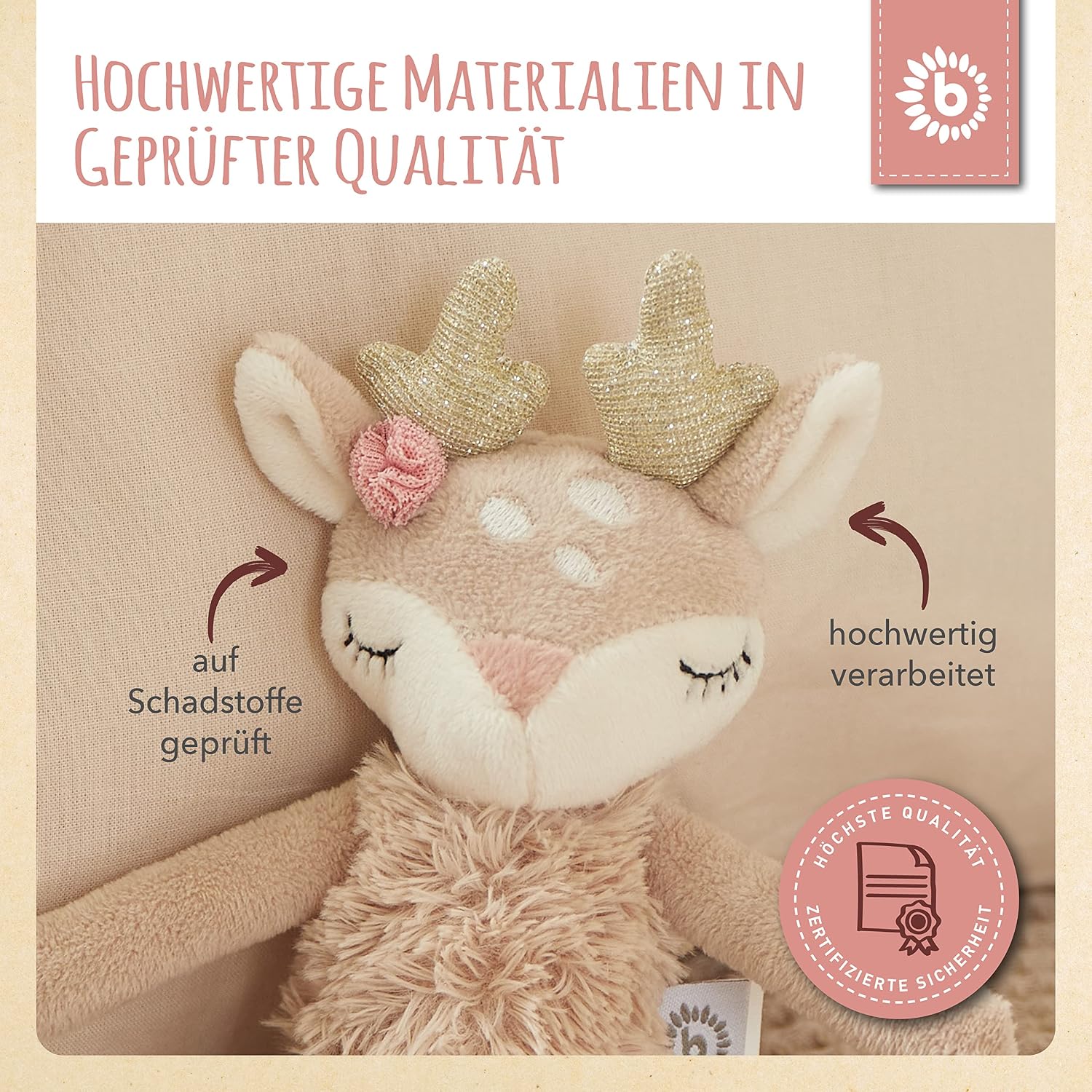 Bieco Cuddly Toy Deer Ella with Rattle | Baby Cuddly Toy from 0 Months Soft Toy Baby Plush Toy Deer Reindeer Cuddly Toy Girls Cuddly Toy Music Box Girls – Bild 5