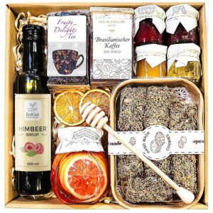 Brazilian Arabica Coffee, Fruit Tea, Raspberry Syrup, Kataifi Cookies, Jams and Honey in a Basket, 25 x 25 x 8 cm