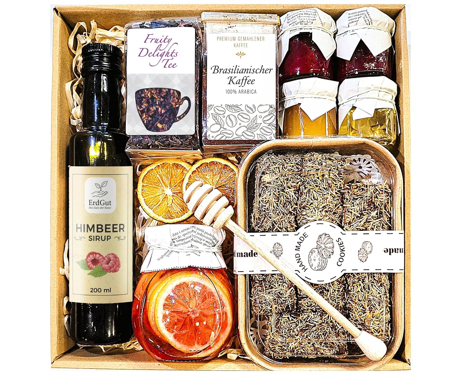 Brazilian Arabica Coffee, Fruit Tea, Raspberry Syrup, Kataifi Cookies, Jams and Honey in a Basket, 25 x 25 x 8 cm