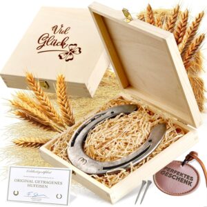Horseshoe Gift in Wooden Box, Real Worn Horseshoe, Lucky Charm for Birthday, Housewarming, Topping Party, Wedding, Christening or Birth Includes Certificate of Authenticity