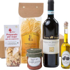 The Wine Guys “Genussreisise Piemont” Gift Basket with Italian Specialities: Piedmontese Delicatessen and Barbera, Gift Set with Antipasti, Pasta Herbs