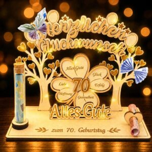 70th Birthday Money Gift for Men and Women, 3D Clover Leaf Wood with LED