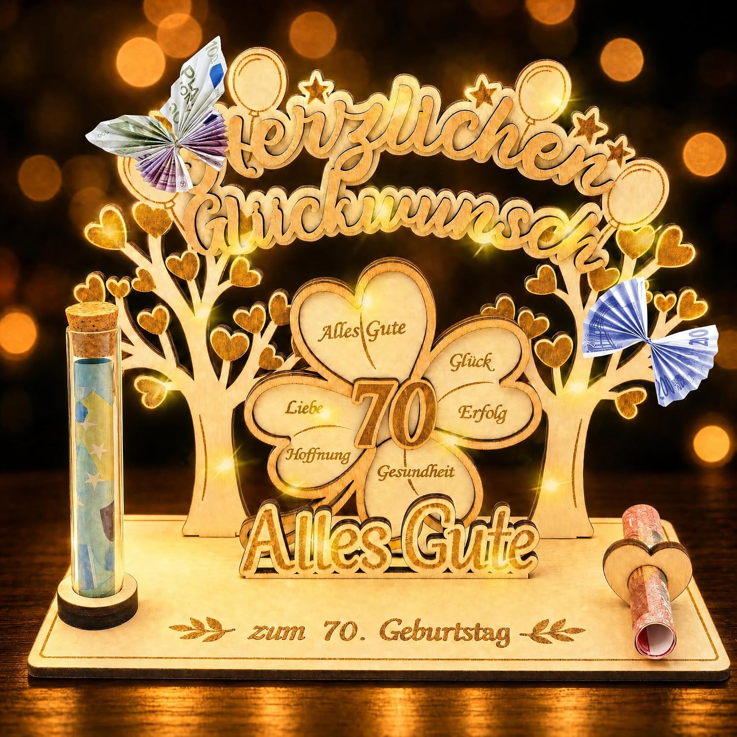 70th Birthday Money Gift for Men and Women, 3D Clover Leaf Wood with LED