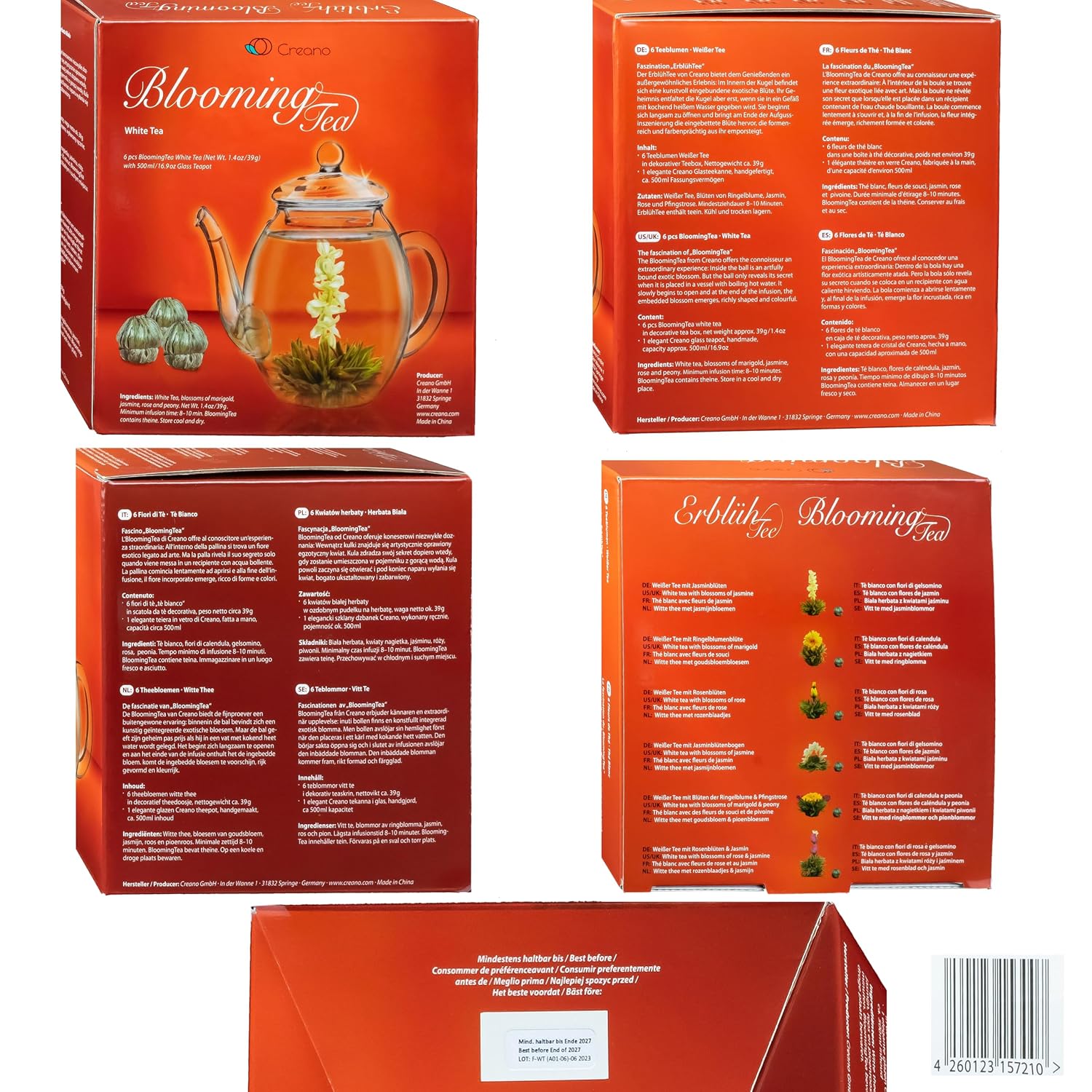 Creano Tea Flowers Gift Set - Blooming Tea with 500 ml Glass Jug & 6 x White Tea + Teelini Green Tea Bonus Ball - 8 Pieces – Bild 10