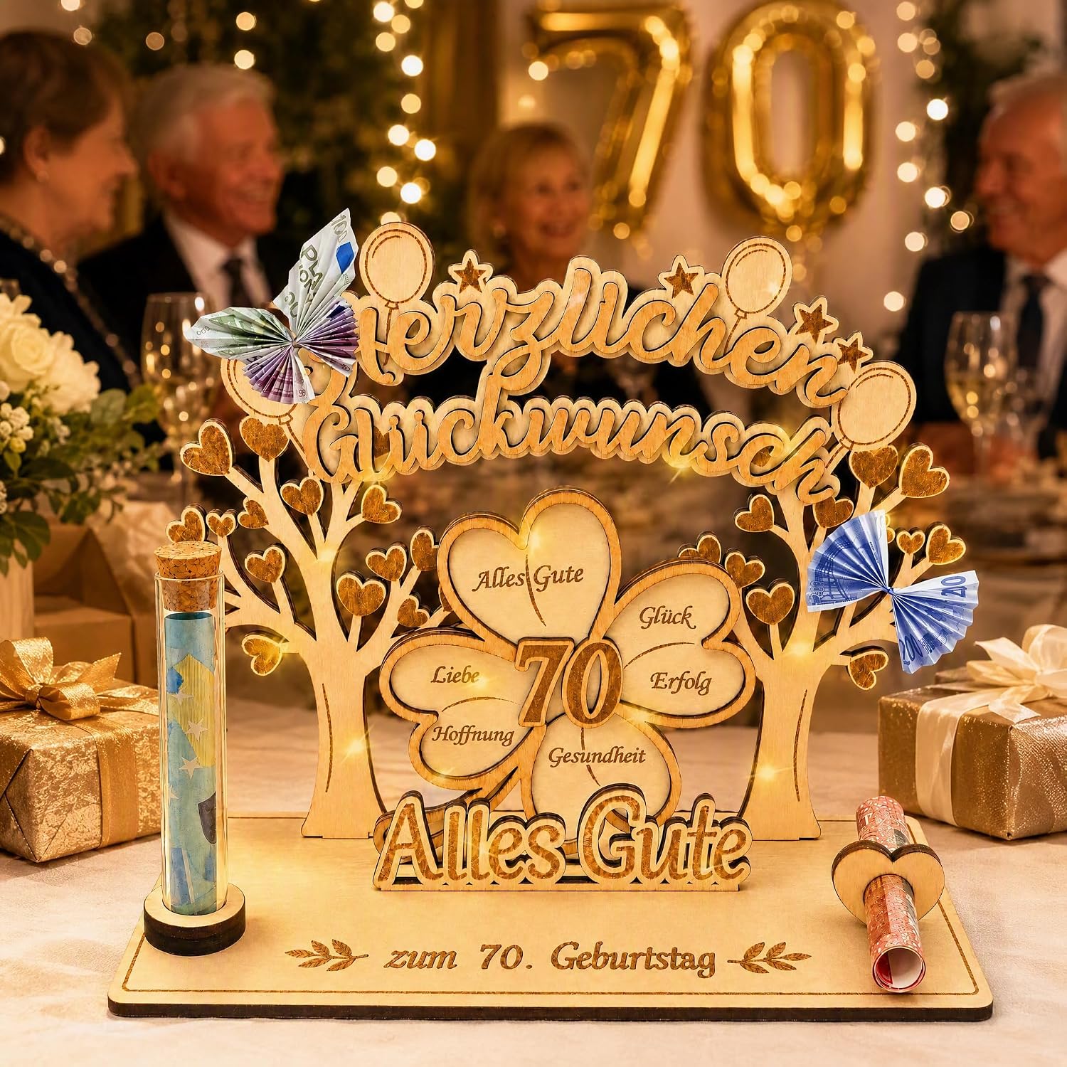 70th Birthday Money Gift for Men and Women, 3D Clover Leaf Wood with LED – Bild 7