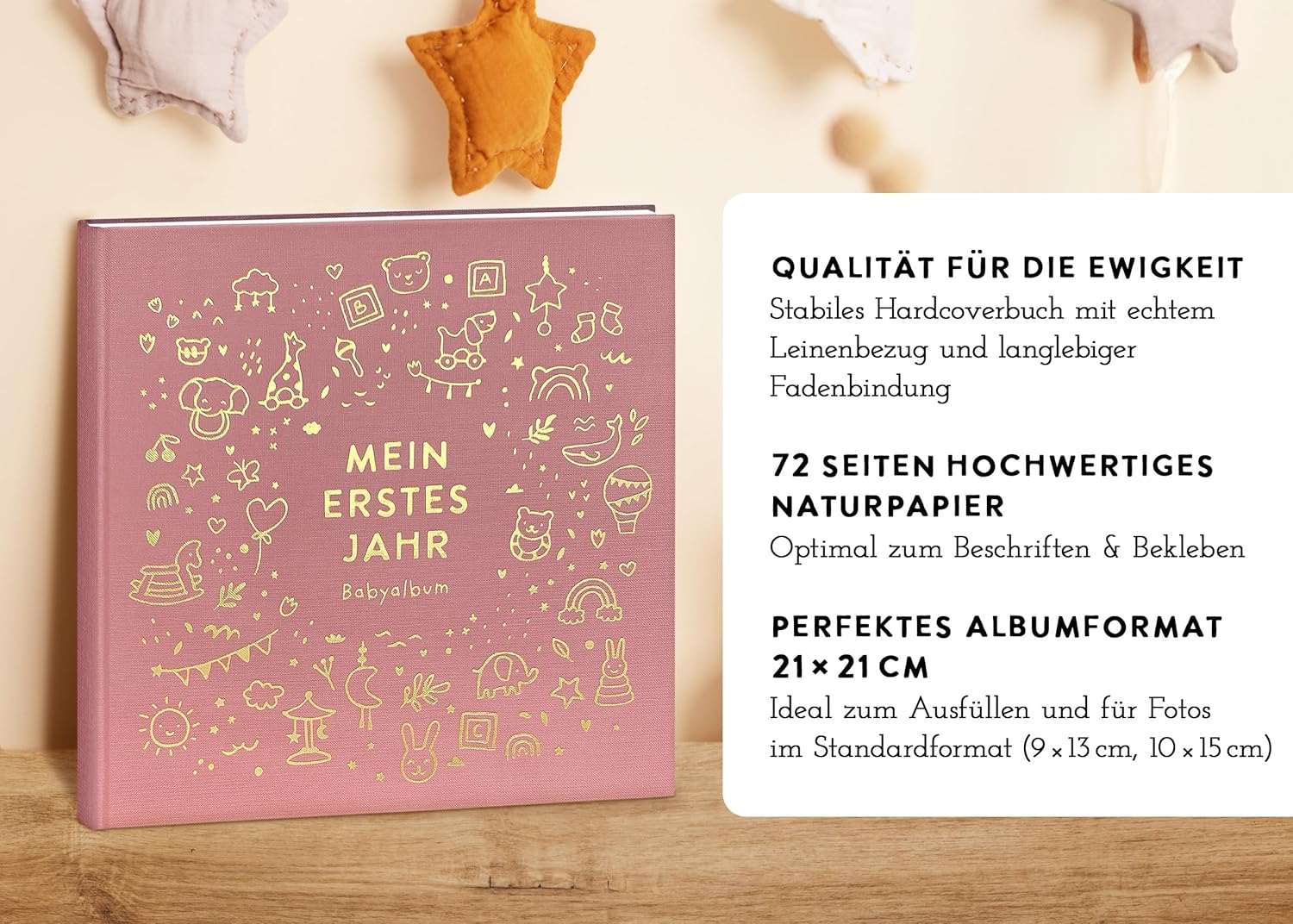 My First Year Baby Album - High-Quality Linen Book with Gold Embossing for the Most Beautiful Memories - Baby Book to Enter for the First Year of Life - Baby Gift for Birth (Toy Rose) – Bild 5