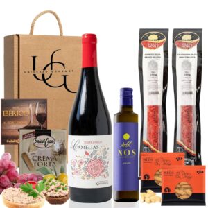 UNIVERSO GOURMET Gift Basket | Gourmet to Give as a Gift | Red Wine 75 cl | Extra Virgin Olive Oil | Iberian Bellota Chorizo & Salchichón | Paté, Sheep Cheese Cream & Picos | Spanish Gift Box
