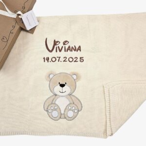 KIDDI-MEDIA BEIGE BEAR BABY BLANKET NAME Birthdate 100% COTTON