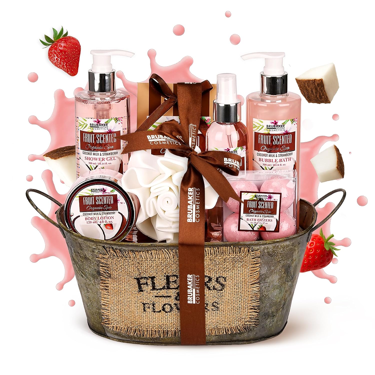 Brubaker Cosmetics Bath and Shower Set Coconut and Strawberry Fragrance 10 Piece Gift Set in Vintage Tub