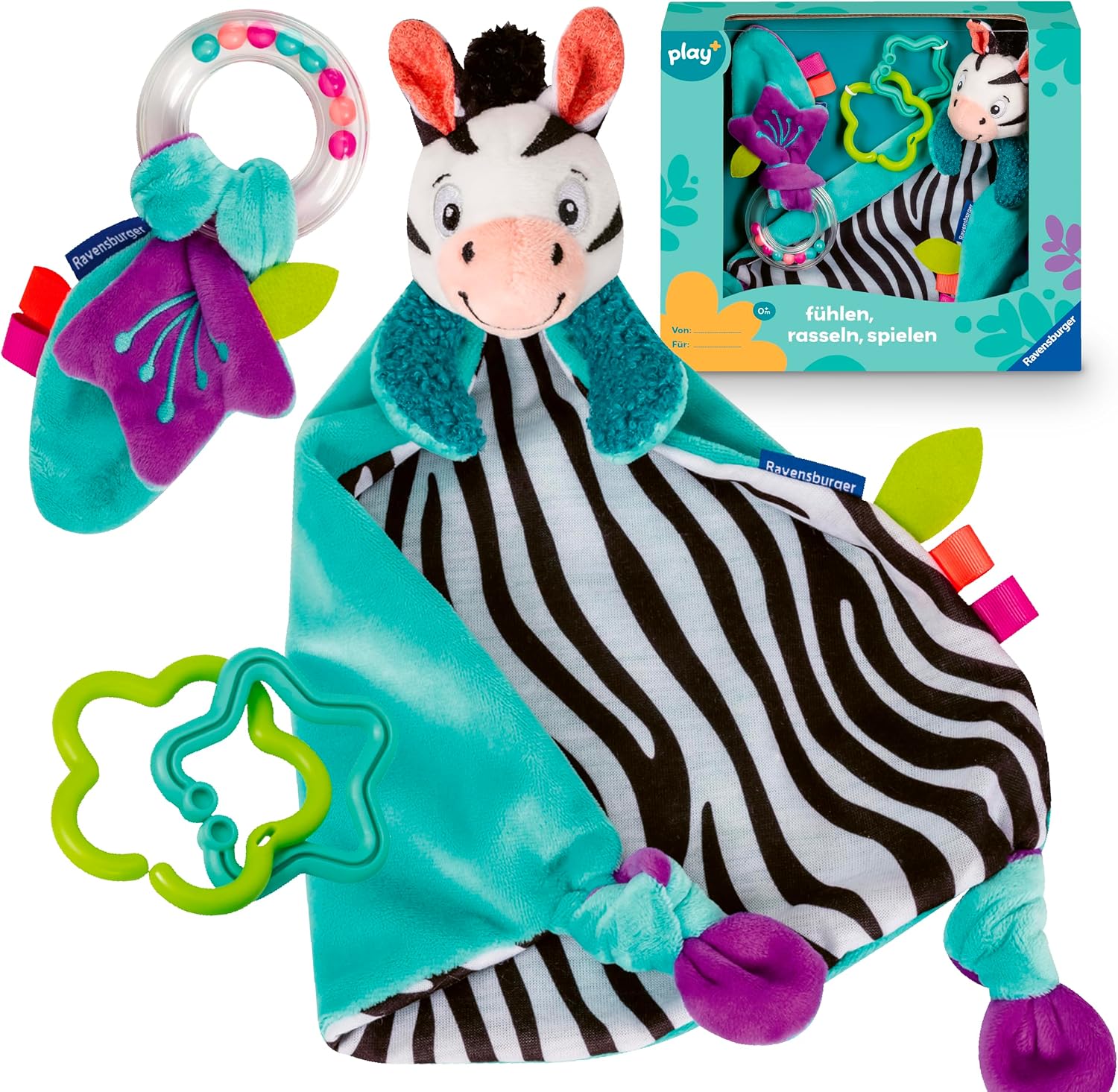 Ravensburger 4858 Play+ Feeling, Rattling, Playing (Gift Set: Zebra), Comforter Blanket, Gift for Birth, Christening, Baby Shower, Stimulation of the Senses, Promotes Fine Motor Skills, for Babies from 0 Months