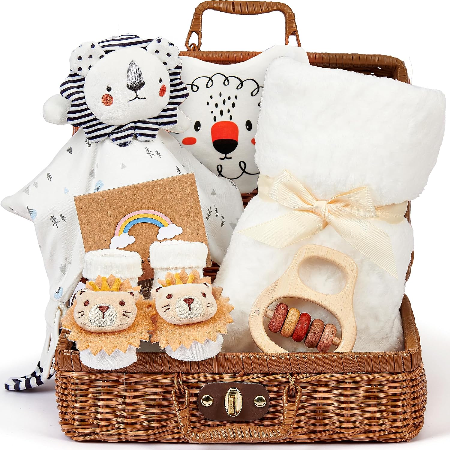 Baby Gift Boy Girl Newborn Gift Birth Boy Girl Baby Gifts with Baby Comforter with Lion Baby Blanket Bib Socks Wooden Rattle Baby Shower Gift Box Baby Shower Party