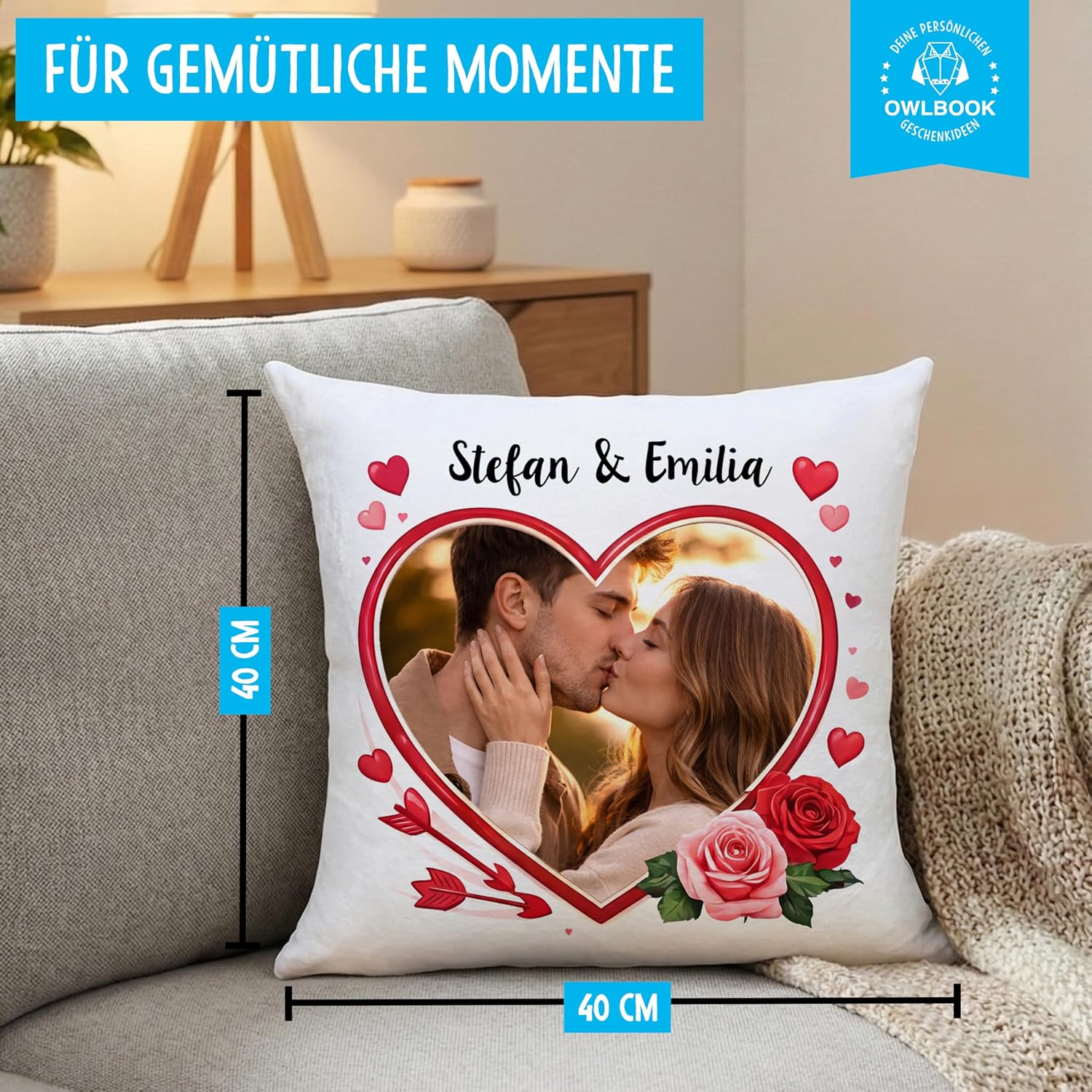 OWLBOOK Design Your Own Photo Cushion - Personalised Partner Couples for Anniversary Birthday - Photo Cushion 40 x 40 cm - Cushion with Photo Print – Bild 4