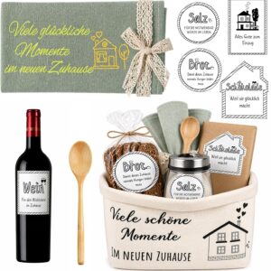 Housewarming Gift - Bread and Salt Set Housewarming Gift for Home & Apartment with Bread Basket, Tea Towel, Cooking Spoon & Sticker Including Greeting Card - Housewarming Gift for Topping Out Many