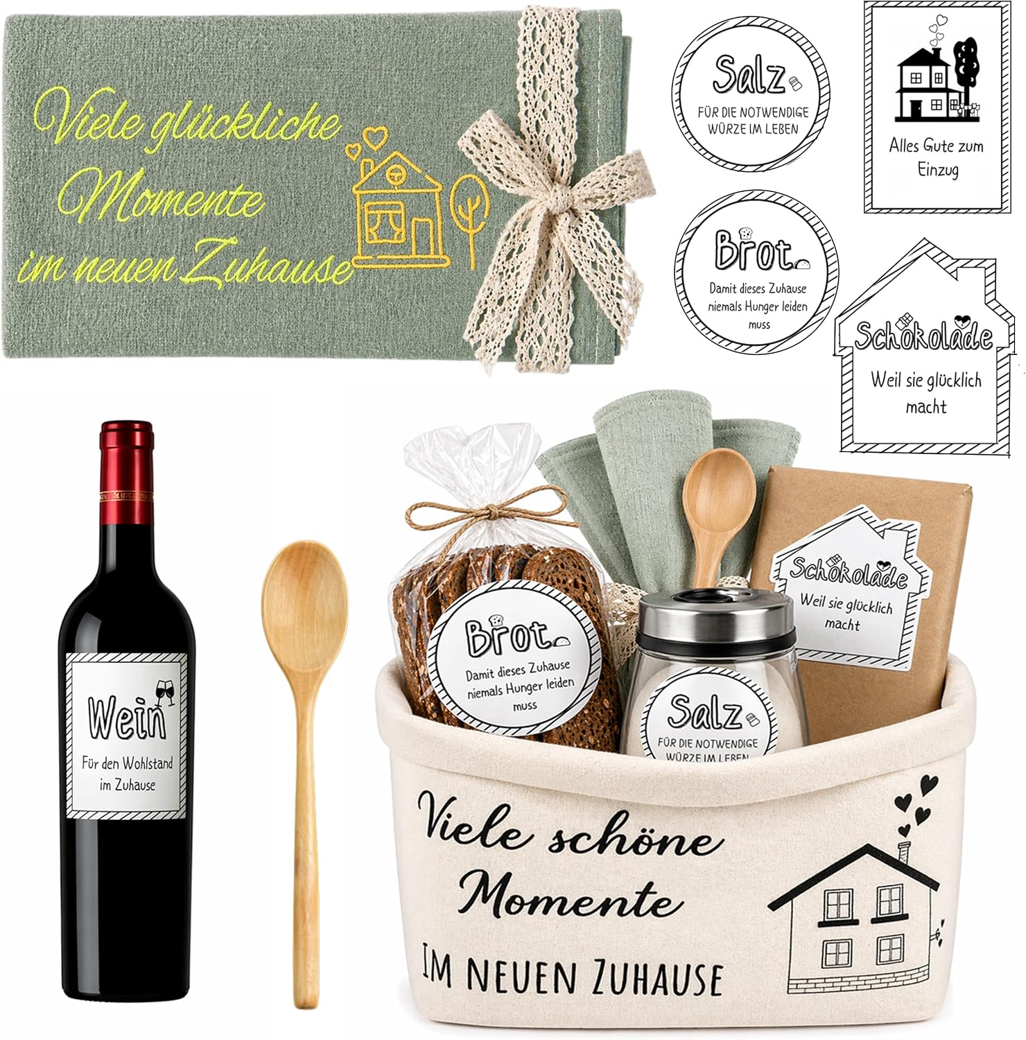 Housewarming Gift - Bread and Salt Set Housewarming Gift for Home & Apartment with Bread Basket, Tea Towel, Cooking Spoon & Sticker Including Greeting Card - Housewarming Gift for Topping Out Many