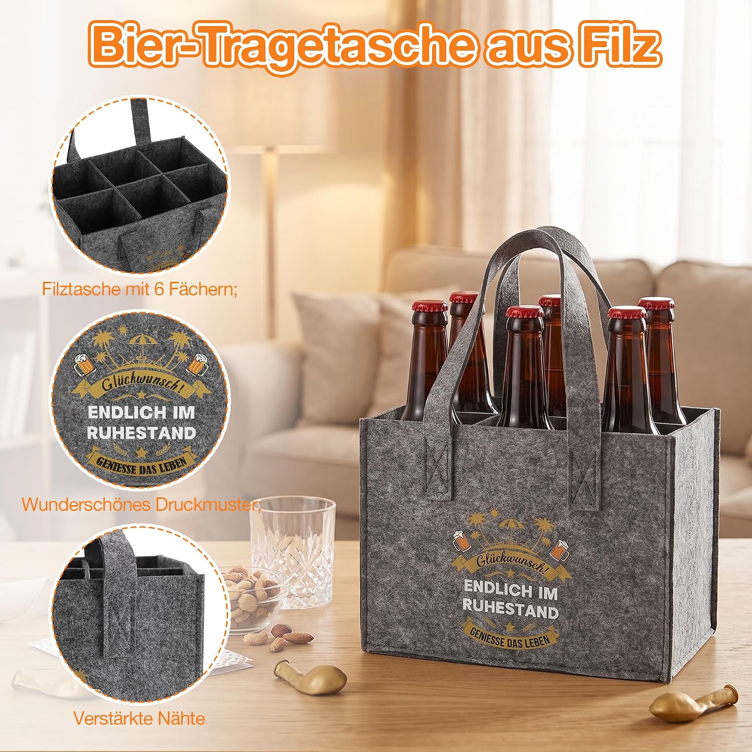 Zocipro Pensioner Gift for Men, Felt Handbag for 6 Beer Bottles – Bild 6