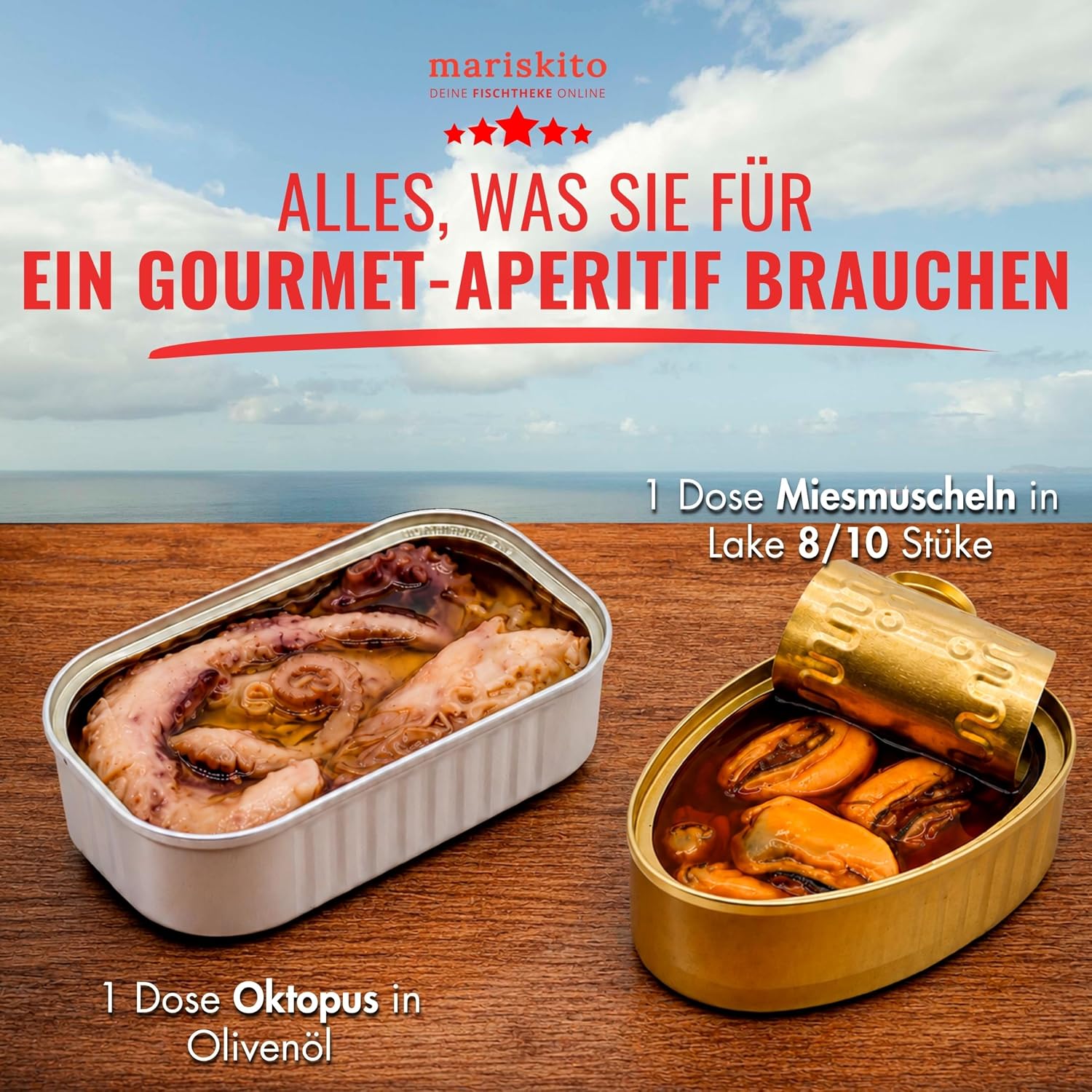 MARISKITO Galician Deli Preserves Set La Mar de Sensaciones - Gift Box 6 Premium Canned Foods - Mussels, Octopus, Ensis, Colourful Scallop, Tuna Belly Fillet, Sardinilla - Delicatessen – Bild 3