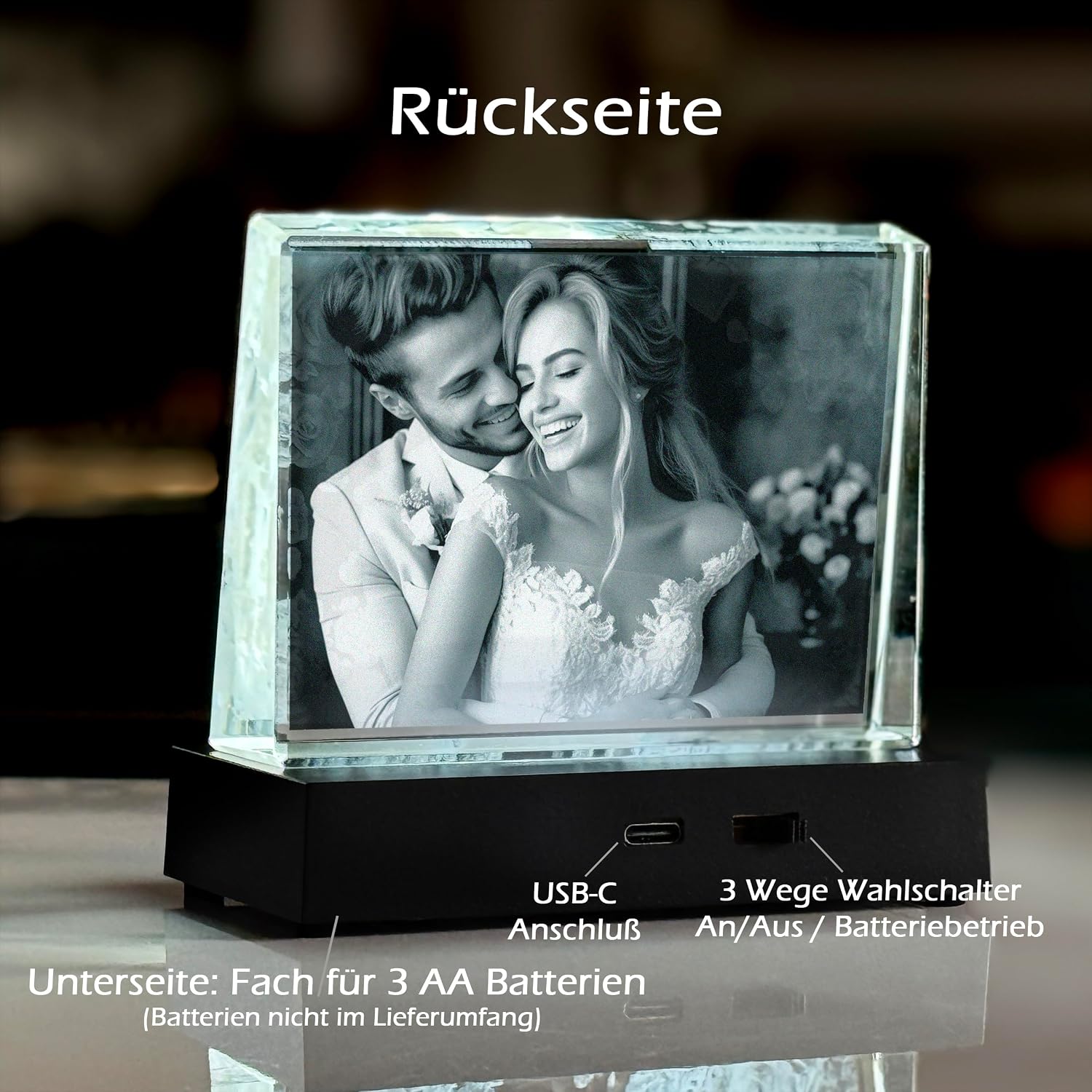 contento Personalised 2D Crystal Photo with Your Own Picture, Laser Engraved Glass Photo as an Individual Gift, Dimensions, 10.5 x 8 x 3 cm (Crystal + Light Base, M Landscape Format (10.5 x 8 x 3 cm) – Bild 3