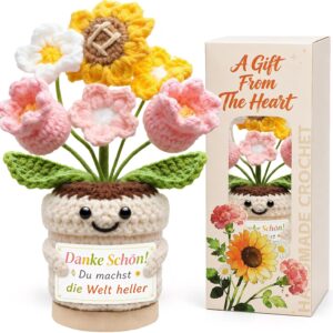 Crochet Flowers Thank You Gift for Women – Sunflower, Carnation and Daisy in Pot with Gift Box, Pocket Hug for Teacher, Girlfriend, Colleague & Retirement – Desk & Office Decoration