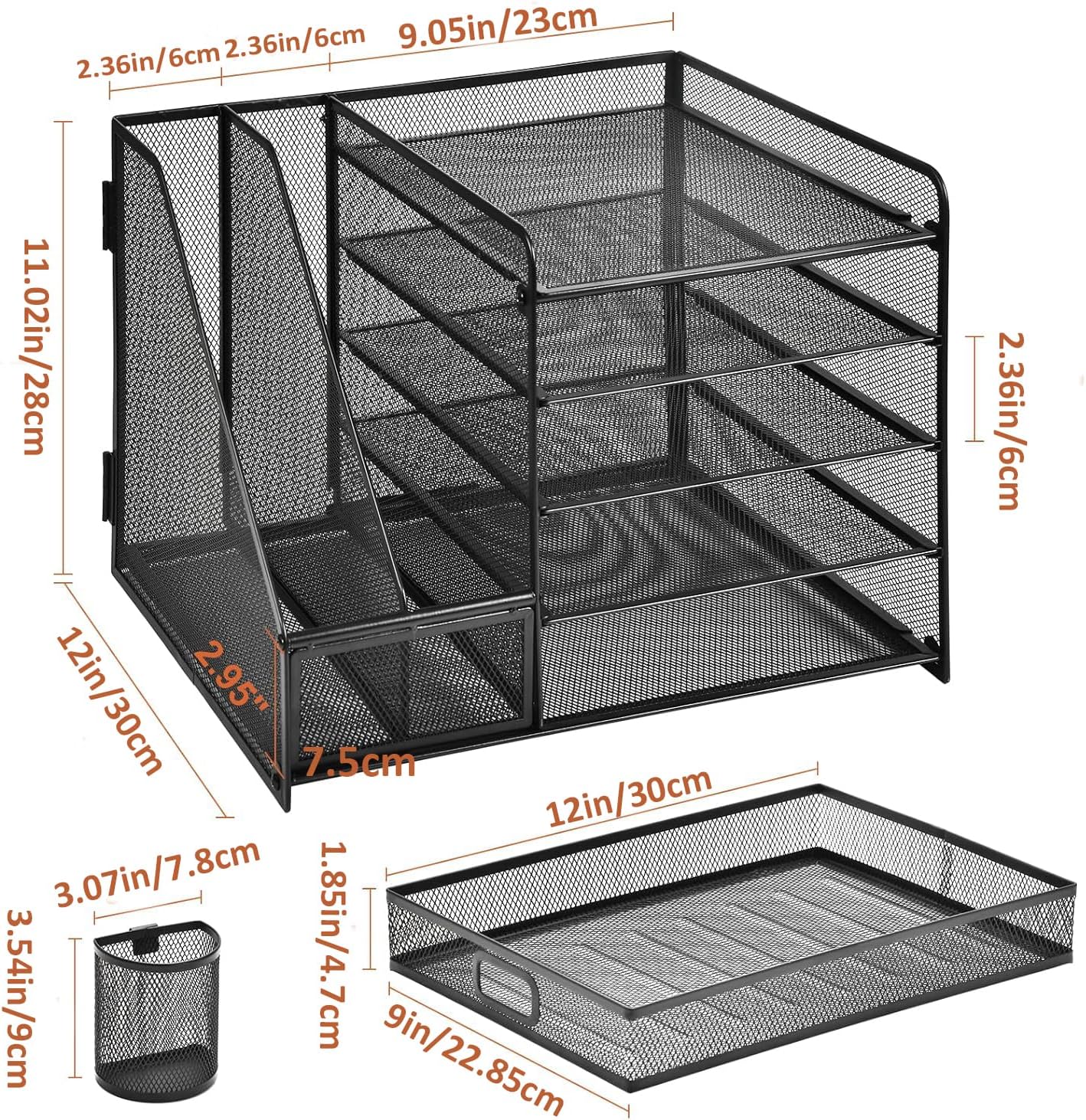 Marbrasse Desk Organiser with File Holder, 5 Tier Paper Letter Tray with Drawer and 2 Pen Holders, Desk Mesh Storage Compartments Organiser with for Office Supplies (Black) – Bild 8