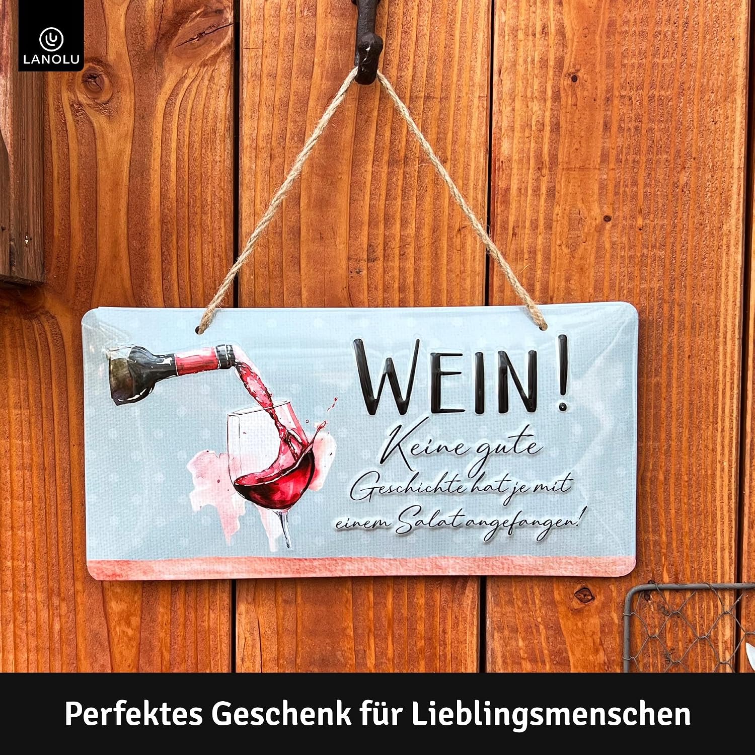 LANOLU Retro Tin Sign with Sayings Funny - WEIN! Keine gute Geschichte hat je mit einem Salat angefangen! - Vintage Metal Sign with Saying - Kitchen Picture and Shabby Chic Wall Decoration Kitchen 16 x 32 cm – Bild 2