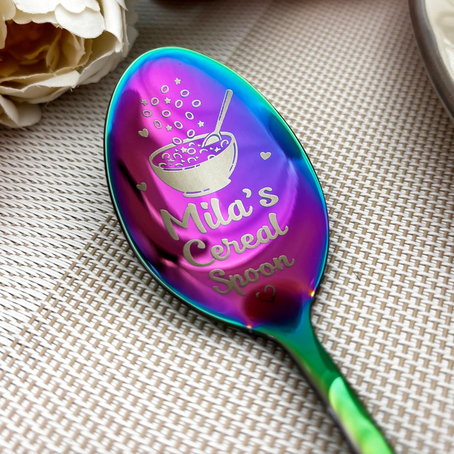 Personalised Cereal Spoon with Desired Engraving - Engraved on Spoon Head & Handle - Stainless Steel - Choice of Colours - Gift for Family