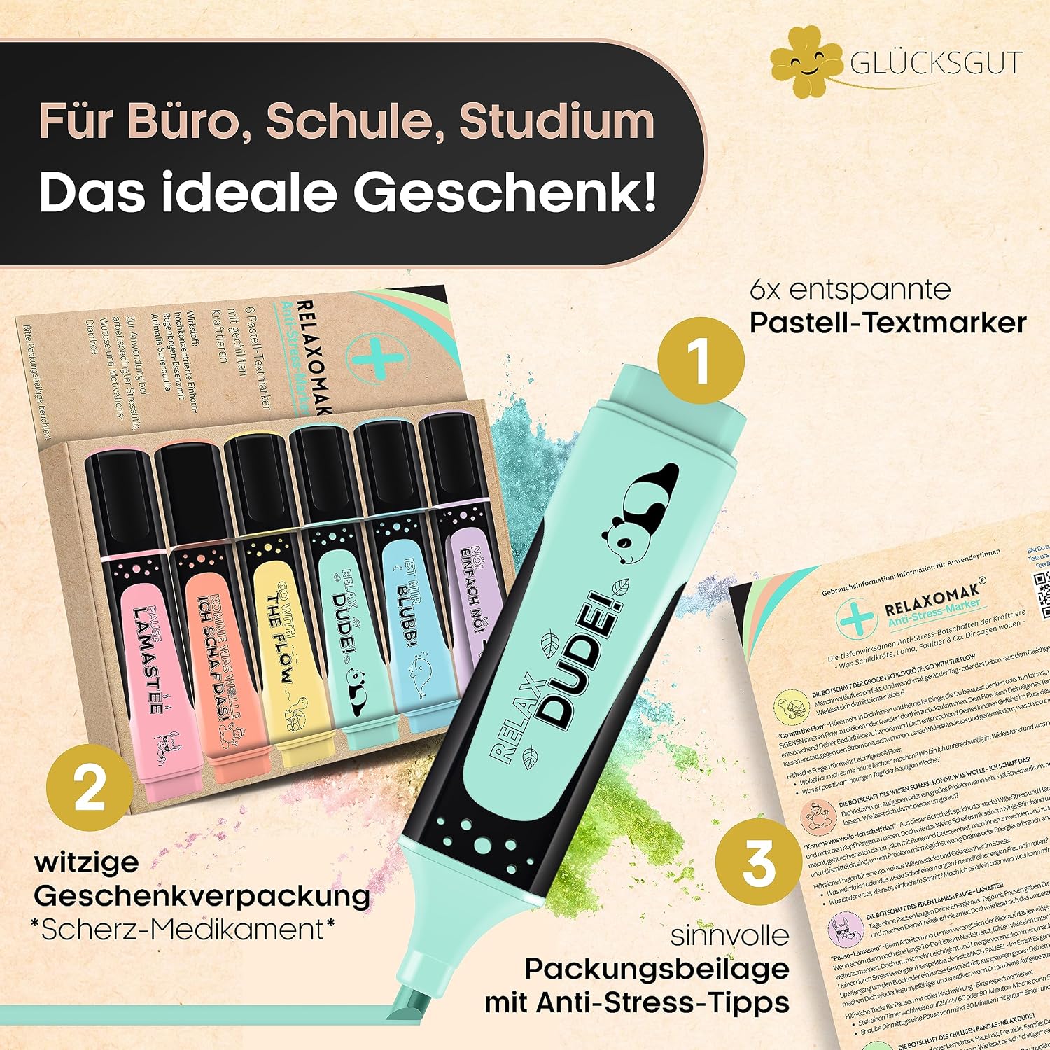 GLÜCKSGUT® 6 x Funny Highlighters Pastel – Bild 2