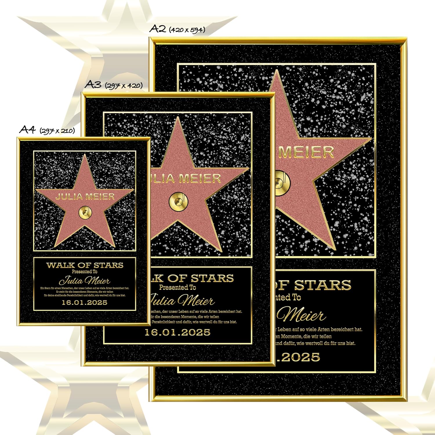 DUOMIO HOLLYWOOD Walk of Fame Star, Personalised Certificate Optional with Frame, 3 Sizes, Design, Theme, Text, Background Colour Selectable, Premium Paper Print, Gifts for Men / Women – Bild 3