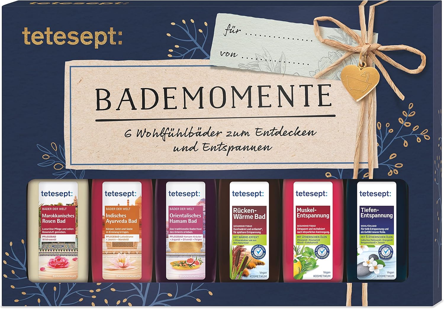 Tetesept baths gift set Pampering moments, bath essence trial set with gift tag, the ideal gift for every occasion, 1 x bath set (6 x 20 ml)