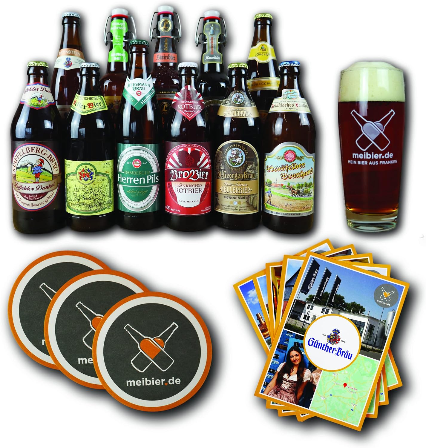 Meibier 11 Beer Box from Franconia #1 + Info Flyer, 11 x 0.5 Litre Franconian Beer + Meibier Willibecher + 3x Beer Felt, Great Beer Gift, Beer Box, Beer Pack