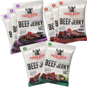 Viking Bites Beef Jerky Mixed Box 400 g (8 x 50 g) - 3 x Barbecue, 3 x Teriyaki, 2 x Jalapeno - Dried Beef - High Protein Meat Snack