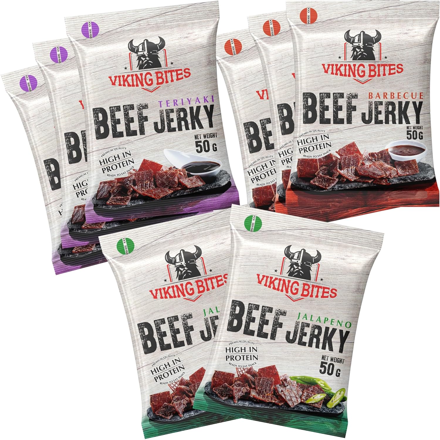 Viking Bites Beef Jerky Mixed Box 400 g (8 x 50 g) - 3 x Barbecue, 3 x Teriyaki, 2 x Jalapeno - Dried Beef - High Protein Meat Snack