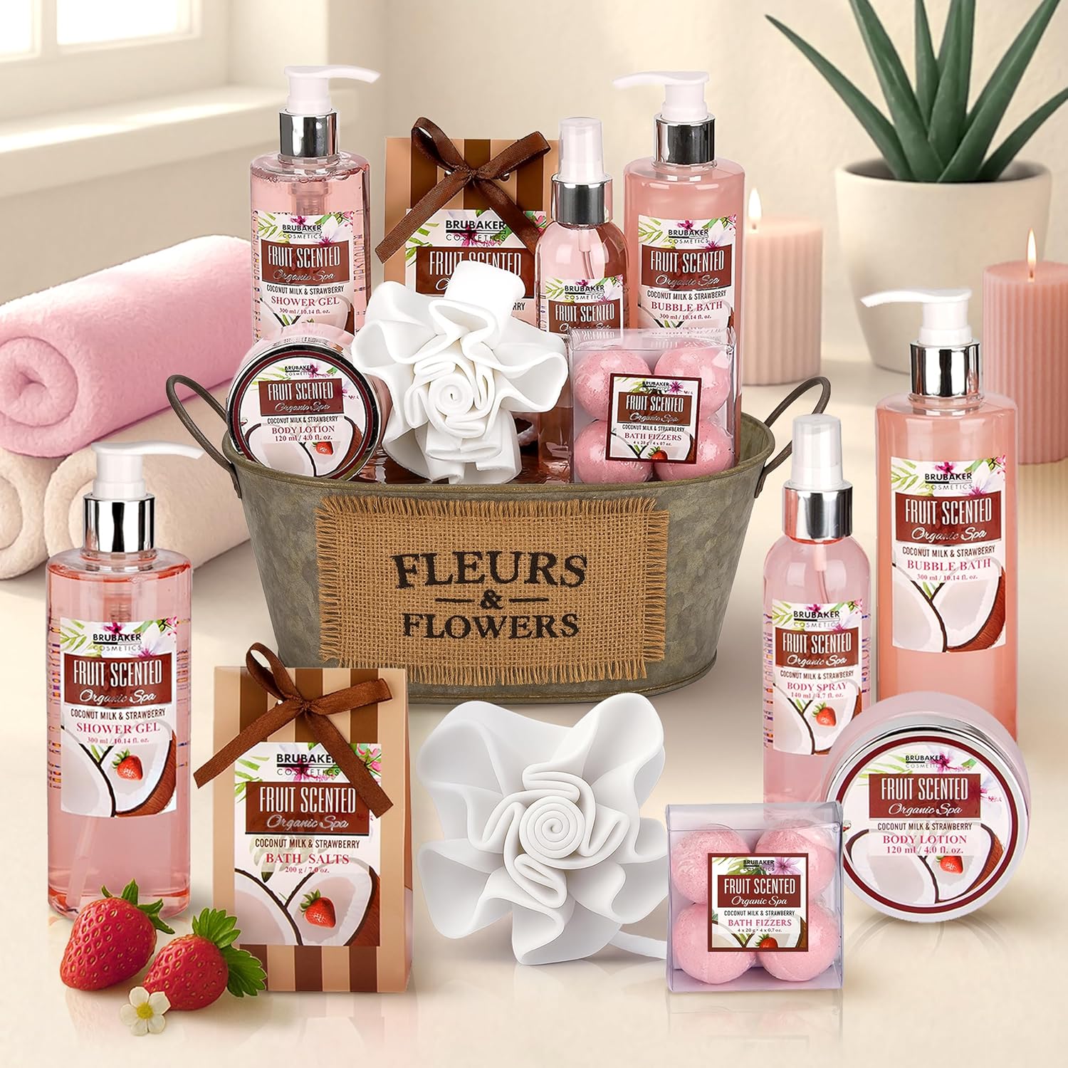 Brubaker Cosmetics Bath and Shower Set Coconut and Strawberry Fragrance 10 Piece Gift Set in Vintage Tub – Bild 2
