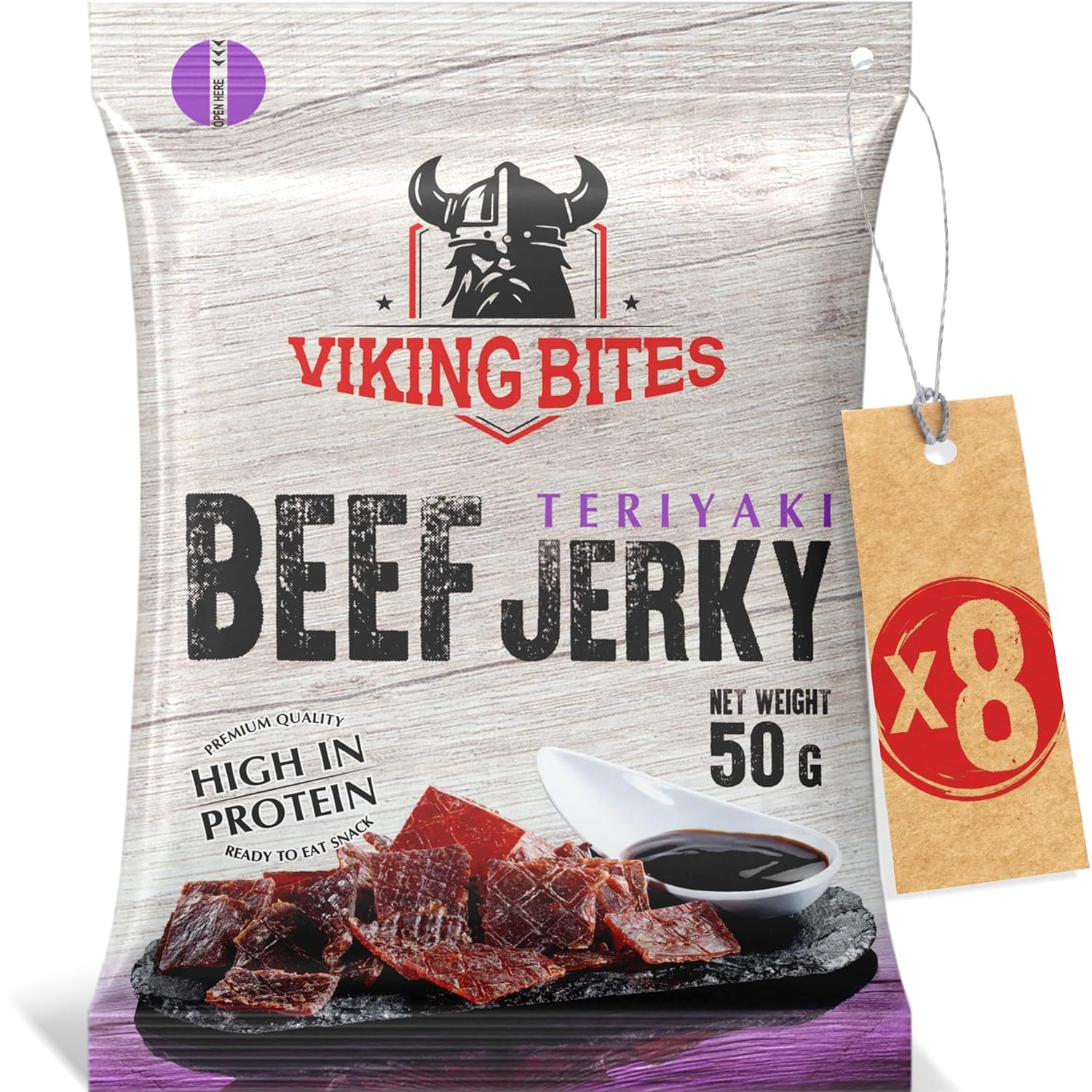 Viking Bites Beef Jerky Teriyaki 400 g (8 x 50 g) - Dried Beef - Meat Snack with High Protein Content