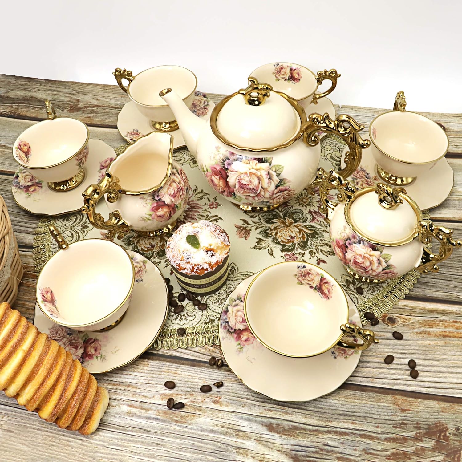fanquare 15 Pieces Rose Flowers English Ceramic Tea Sets, Vintage China Coffee Set, Tea Service for Adults – Bild 2