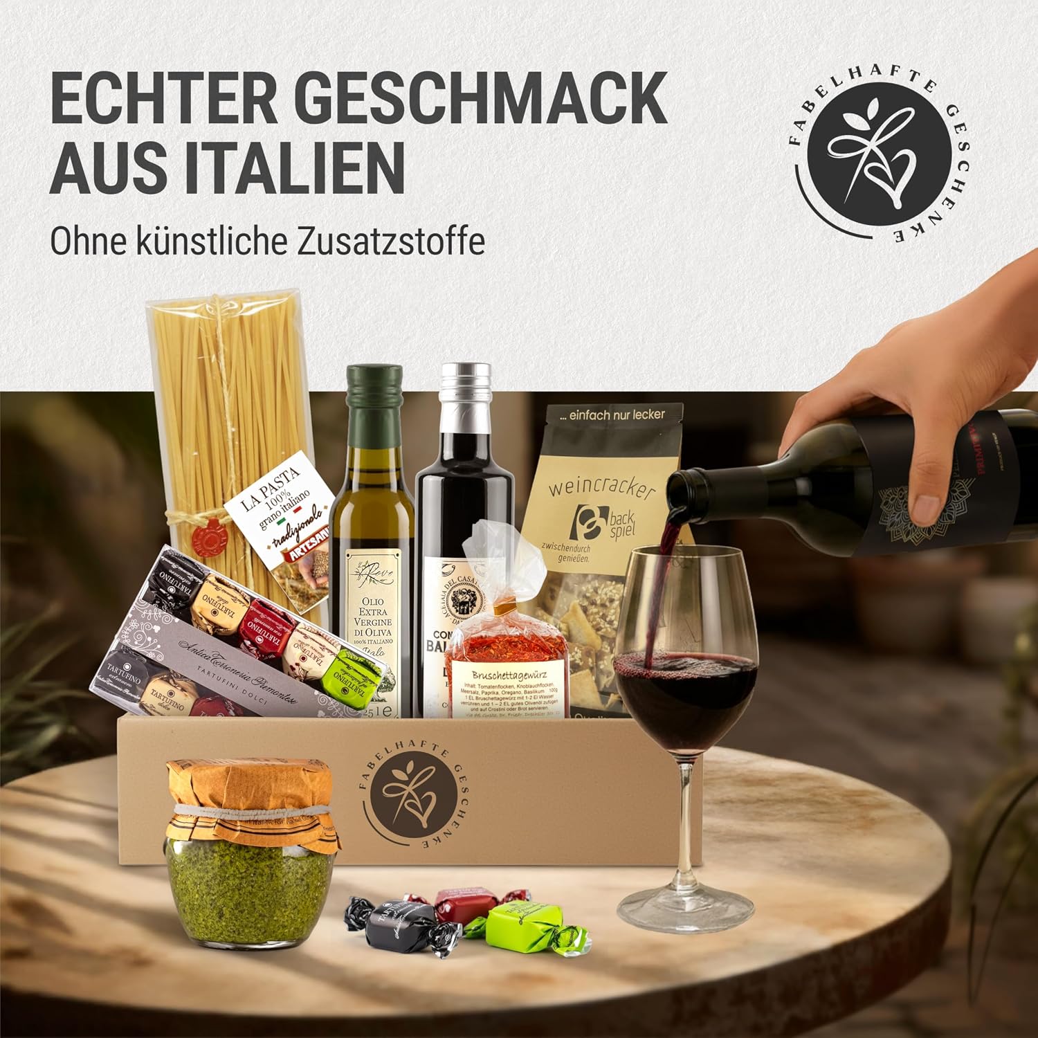 Bella Italia Gift Basket Filled with Red Wine and Italian Delicatessen - Gift Basket with Olive Oil, Aceto Balsamic, Pasta, Pesto, Tartufini, Wine Gift for Men and Women, Pasta Gift Set – Bild 2