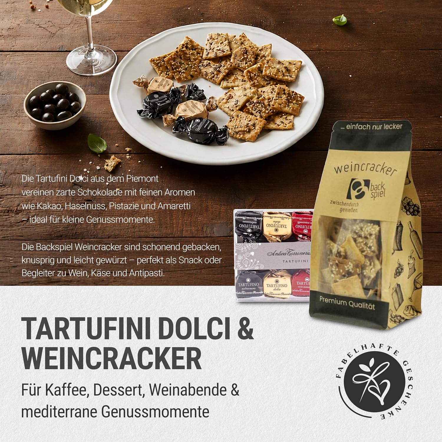 Thank You Gift Basket Bella Italia Filled with White Wine and Italian Delicatessen Gift Basket with Olive Oil, Aceto Balsamic, Pasta, Pesto, Tartufini with "Many Thank You" Banderole – Bild 7