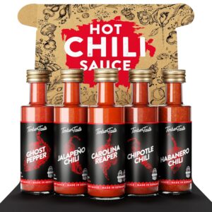TIMBER TASTE Hot Sauces Gift Set – 5 Hot Sauce Chili Sauce to Carolina Reaper Ghost Pepper Habanero Jalapeno Chipotle | Hot Sauces Set Men’s Gifts Delicatessen – Gifts for Men